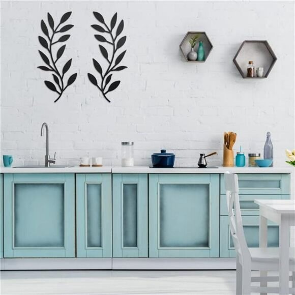 Metal Leaf Wall Art Set Black Olive Branch Decor for Living Room Hallway - Picture 6 of 7